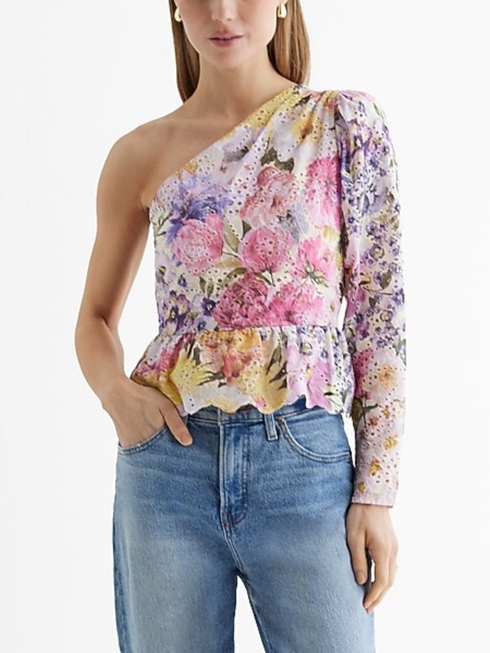 NWT Express One-Shoulder Eyelet Floral Peplum Top Cotton Size 2